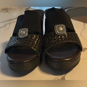 Brighton delta black leather medallion casual wedge heels slides weave mules